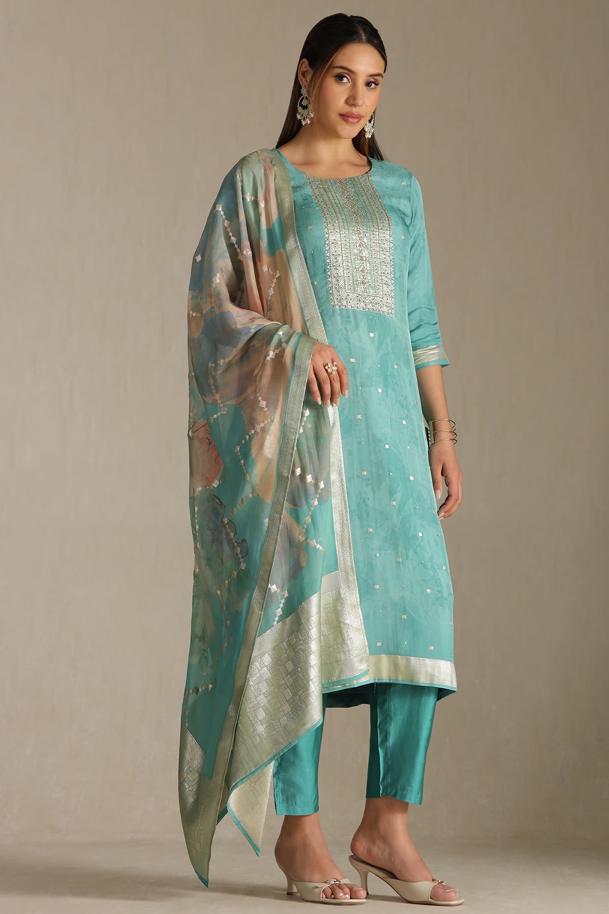 Soch Womens Organza Zari Woven Suit Set With Faux Mirror And Sequins