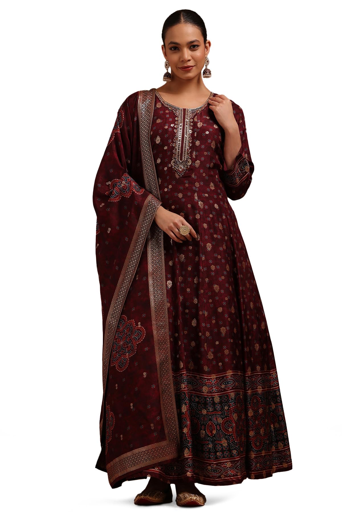 Soch Womens Wine Russian Silk Ethnic Motifs Gown with Mirror and Cutdana