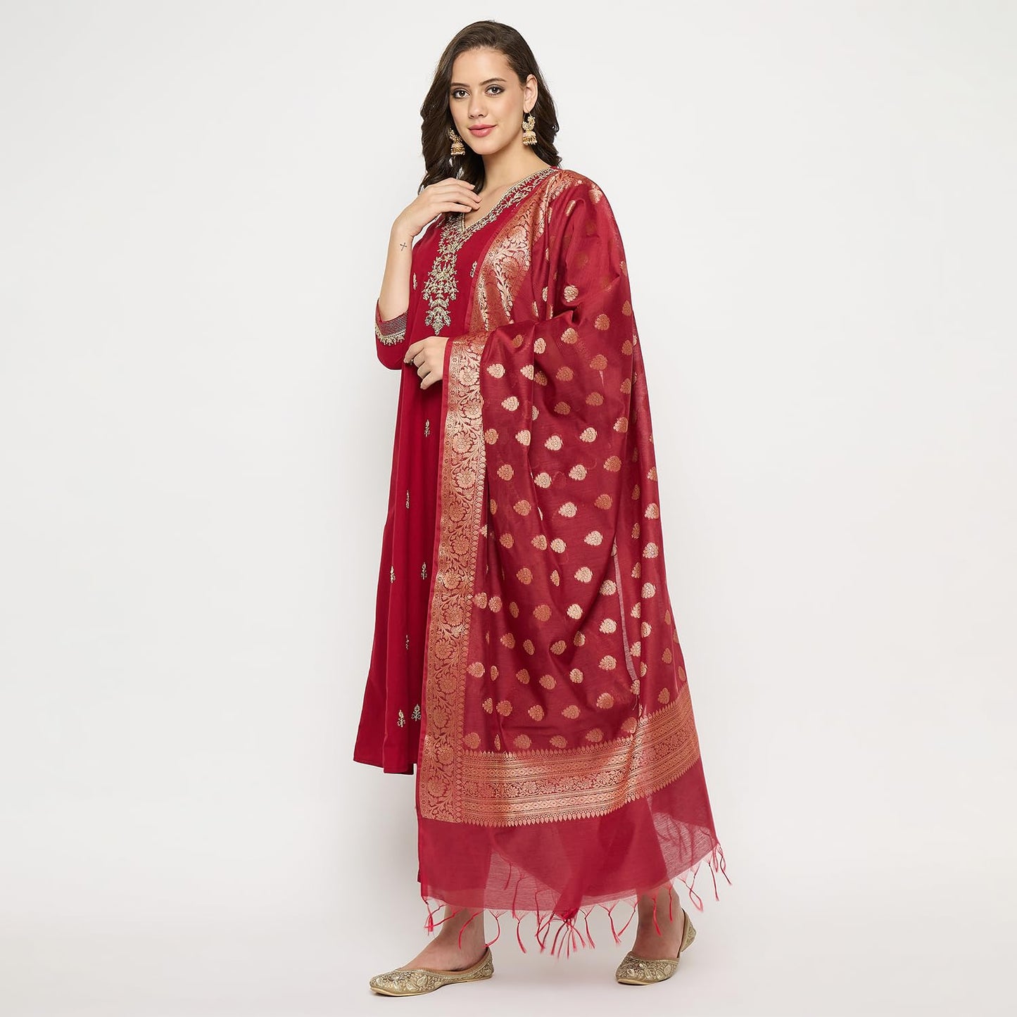 Rangavali Mangalagiri Anarkali Suit Set | Maroon Embroidered Managalgiri Readymade Outfit Kurta, Pant & Banarasi Dupatta for Women | Kurti Set for Ladies | 3 Pcs, 2XL, 42