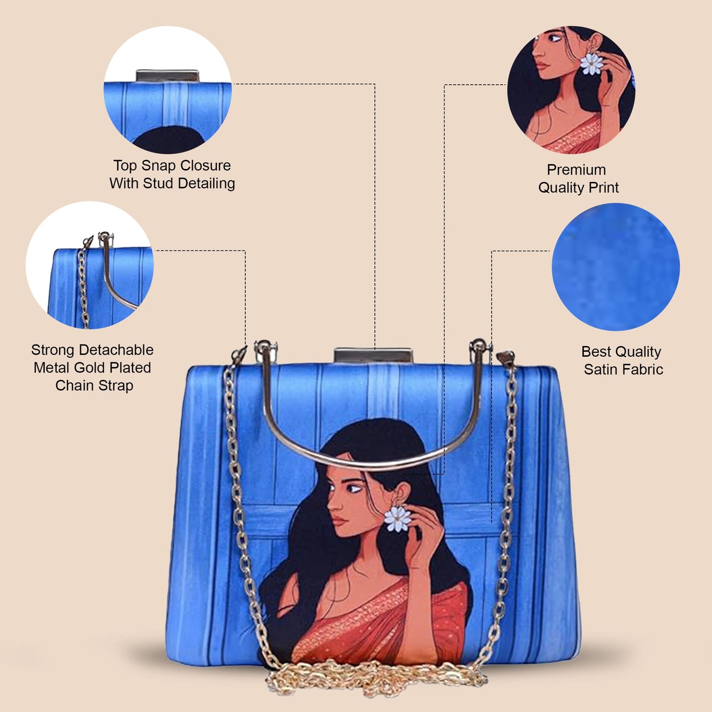 Artklim Blue Based Red Saree Women Portrait Printed Clutch Bag for Women with handle and Detachable Strap