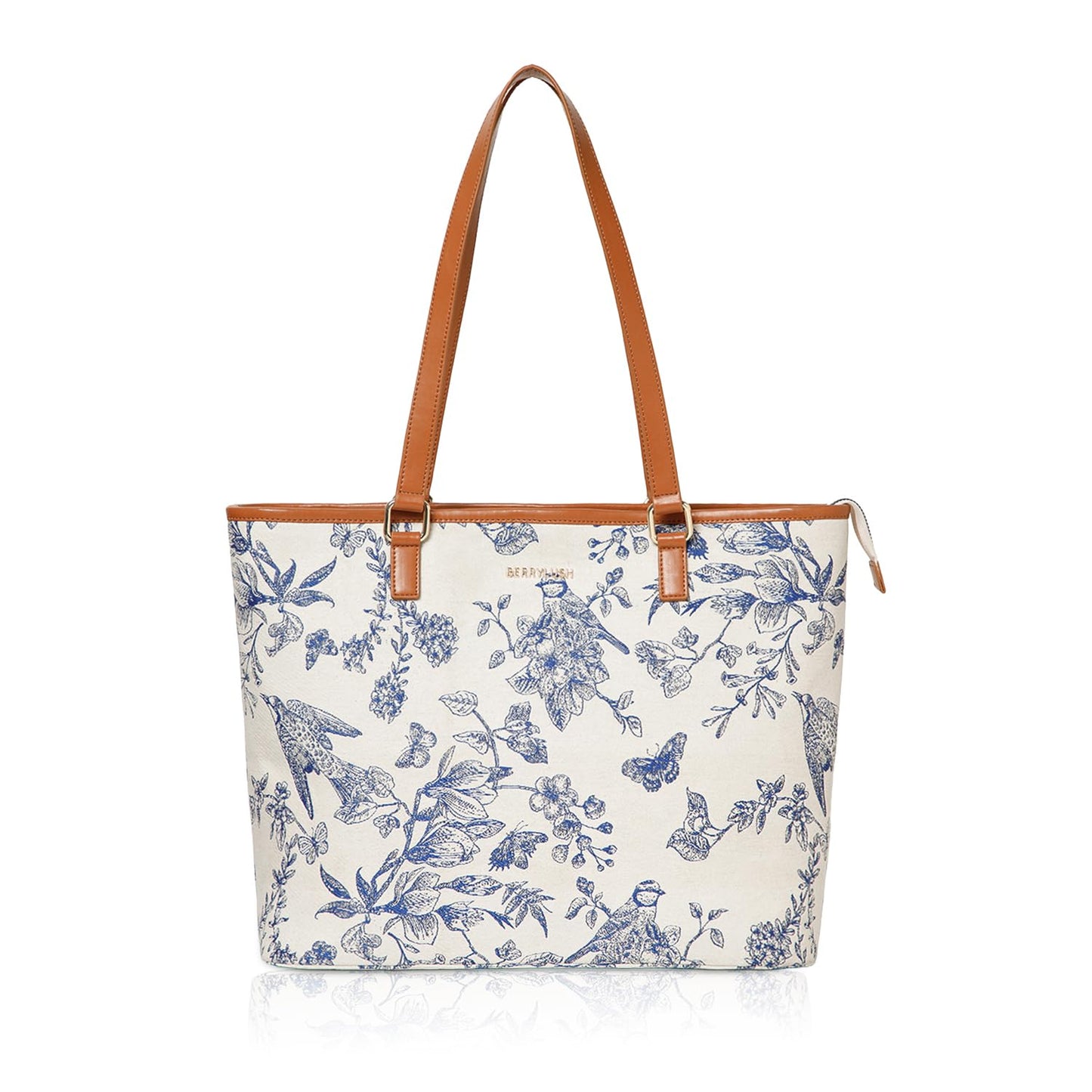Berrylush Women White Floral Printed Shoulder Bag | PU Synthetic Two Handle Handbag | Zip Closure Spacious Tote with Inner Pocket | Stylish Casual Everyday & Office Bag