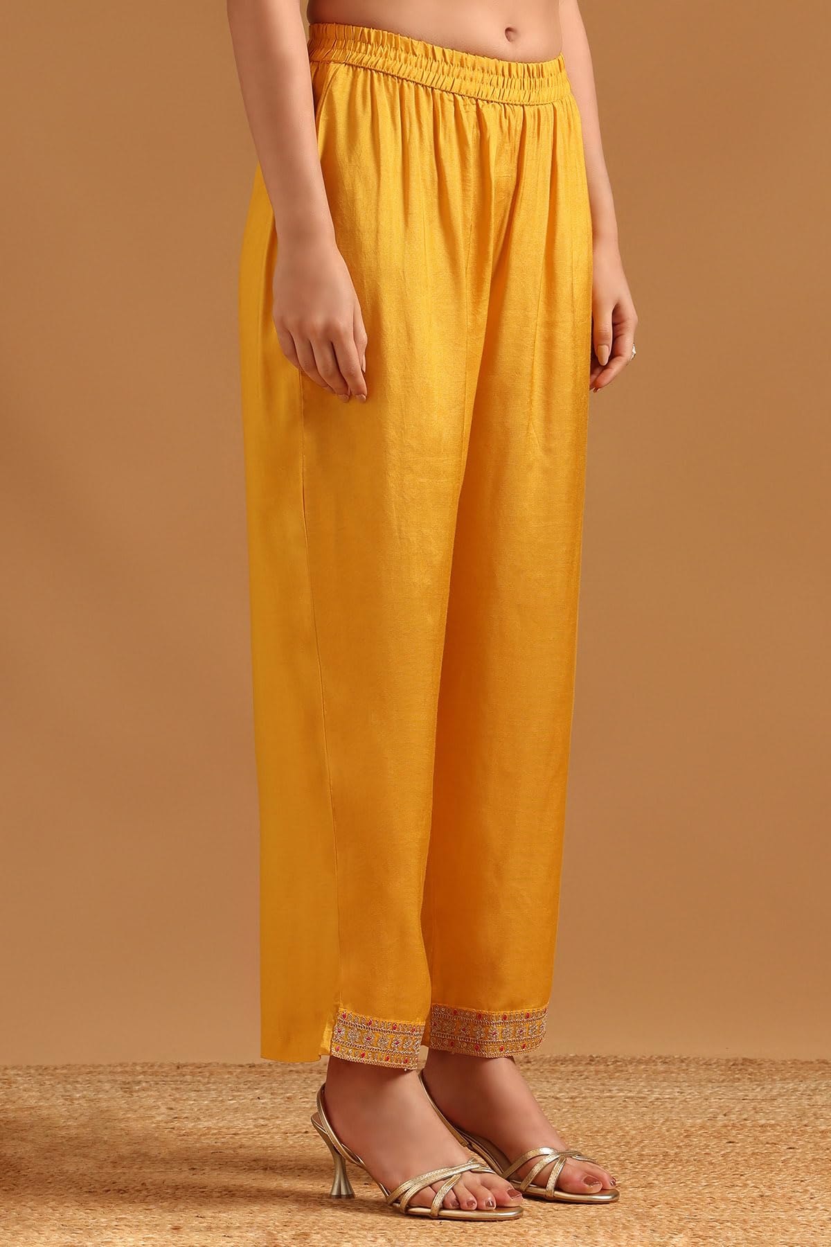 Soch Womens Mustard Chinon Bandhani Salwar Suit With Sequence Work