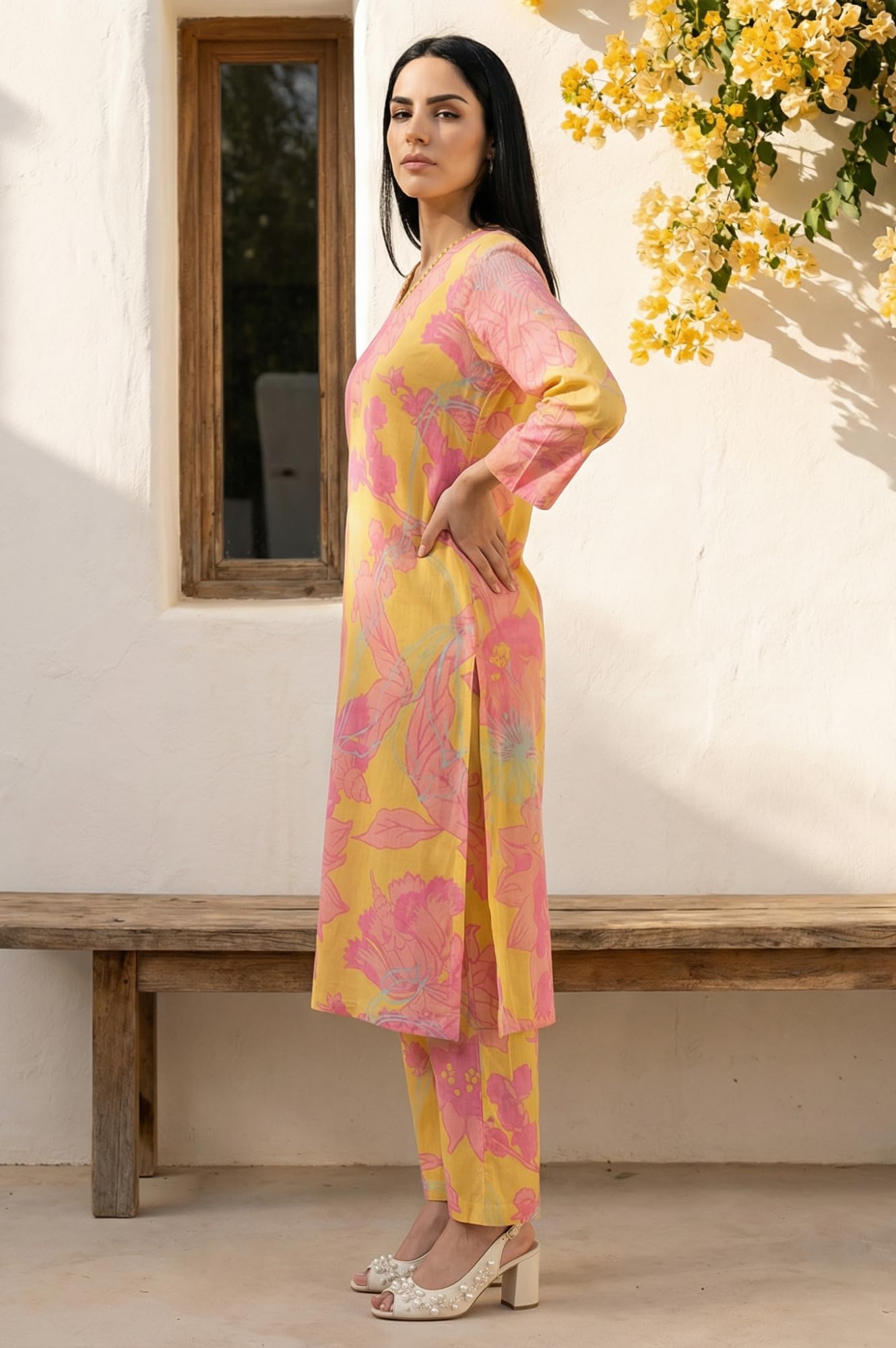 W for Woman Yellow Floral Printed Modal Straight Kurta with Straight Pant Set - (WS13917-127647-XL)