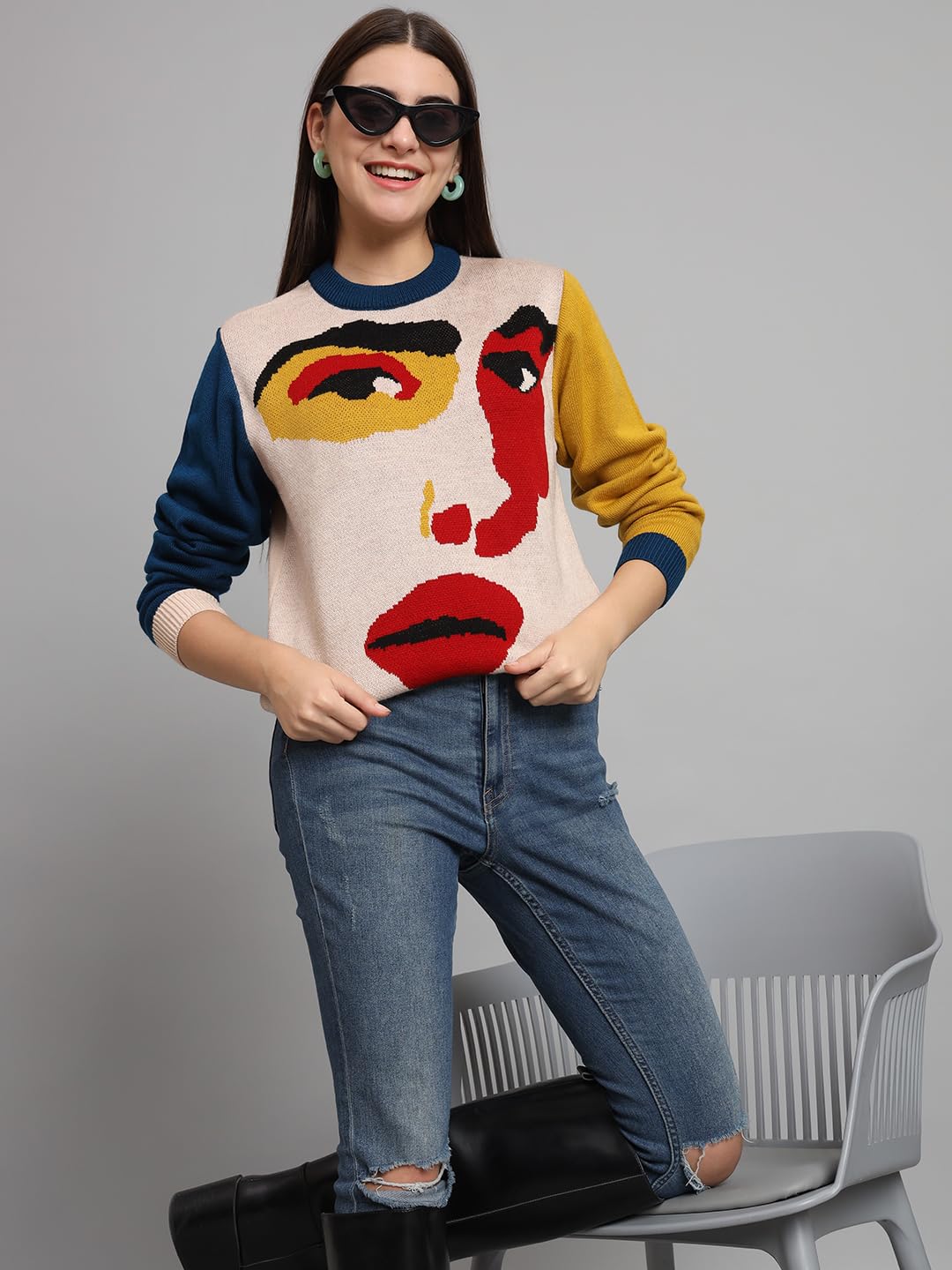 THE DRY STATE Womens Facial Expression Graphic Multicolour Pullover Sweater