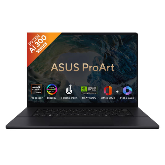 ASUS ProArt P16 OLED (2025), AMD Ryzen AI 9 HX 370, RTX 5080-16GB,64GB RAM, 2TB SSD, 16"/40.64cm Touchscreen, 4K, 120Hz,Windows 11,M365 Basic (1Year)*/Office 2024, Nano Black, 1.95Kg,H7606WW-SE023WS