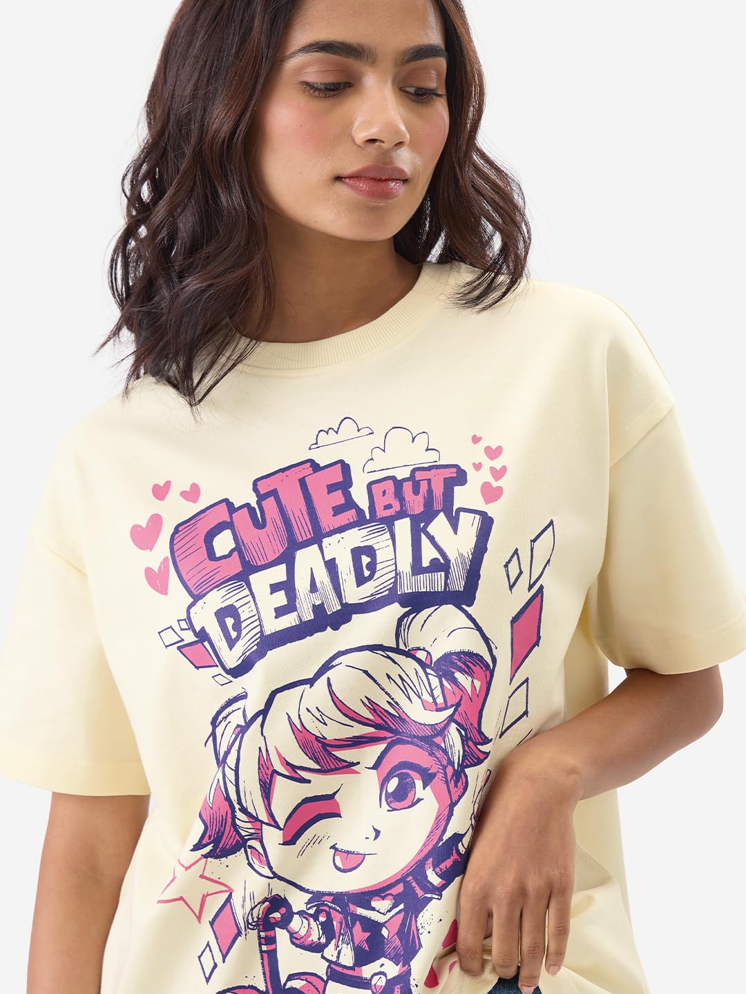 The Souled Store Official DC: Cute But Deadly Women and Girls Short Sleeve Round Neck Yellow Graphic Printed Cotton Oversized T-Shirts