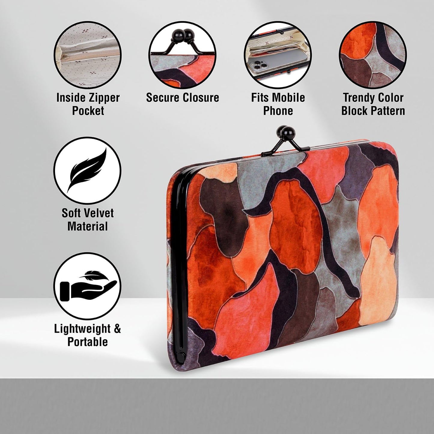 DOSYSO Women Valvet Wallet Stylish Latest Multicolor Printed Mobile Phone Holder Card Slots Magnetic Kiss Lock Zip Pocket Hand Clutch For Daily Use Gift Party Small Purse (Brown)