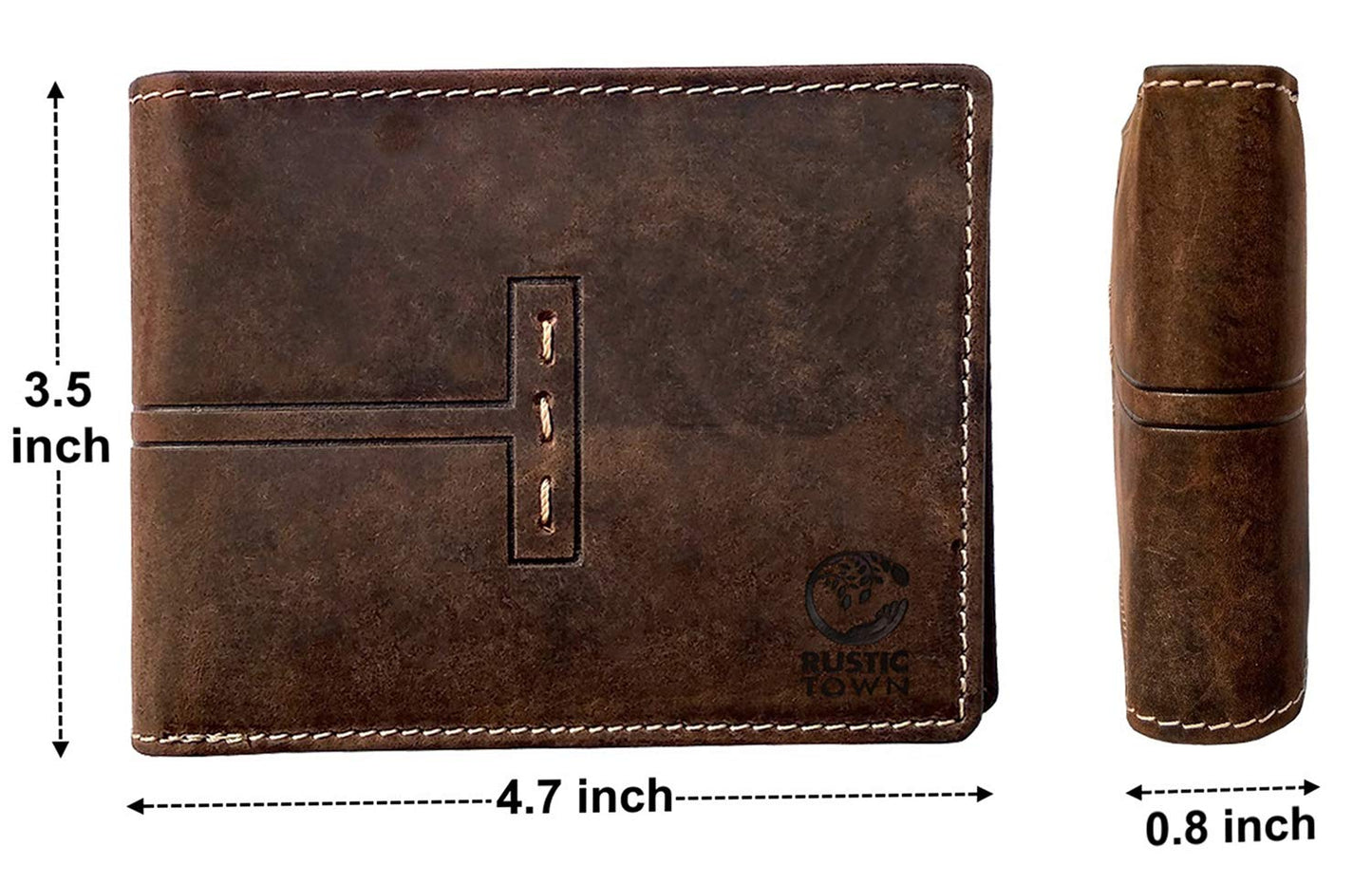 RUSTIC TOWN Mens Wallets - Full Grain Leather RFID Wallet for Men with ID Window, Card Slots and Coin Pocket (Large, Dark Brown)