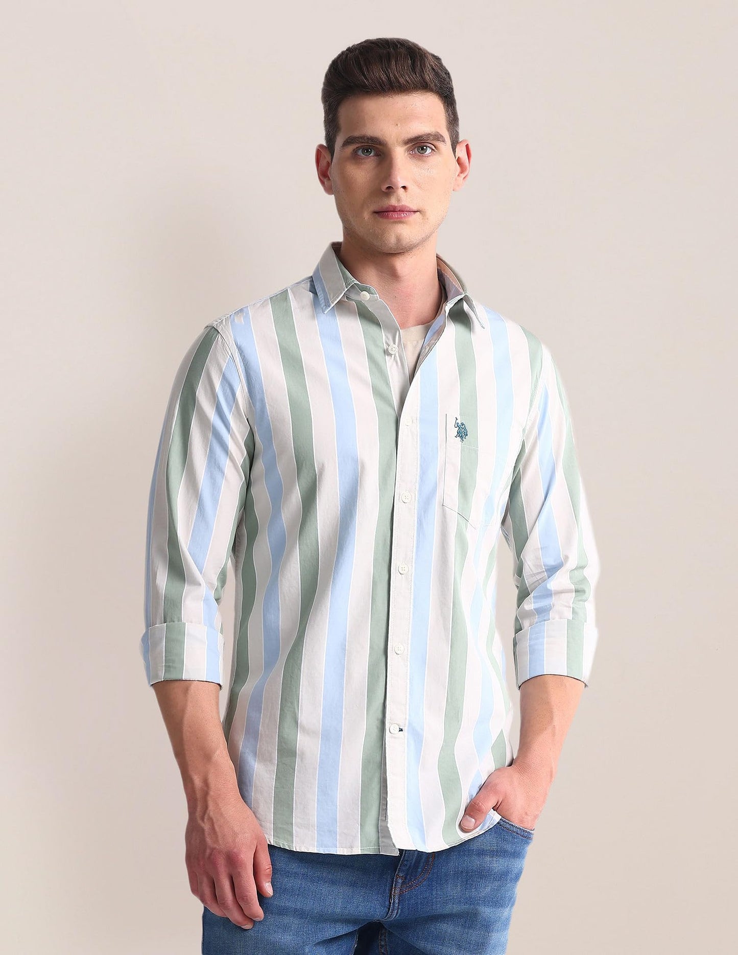 U.S. POLO ASSN. Men's Striped Regular Fit Shirt (USSHT1910_Beige, Blue and Green