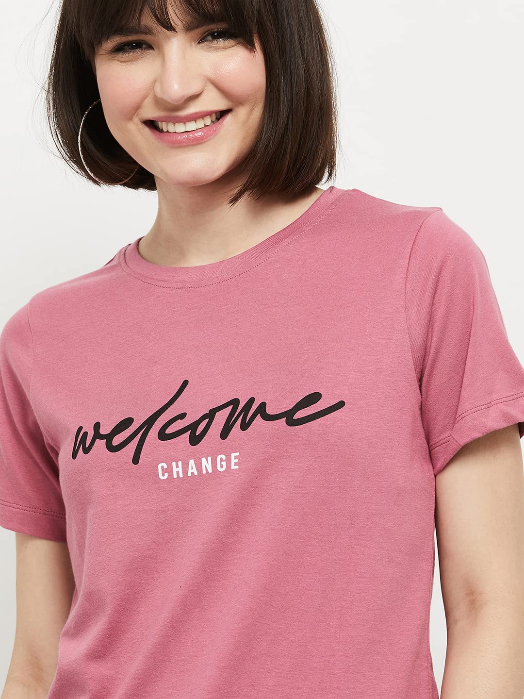 Max Women Cotton Printed Regular Fit Round Neck T-Shirt (Pa22Ycpepp06Blush)_L