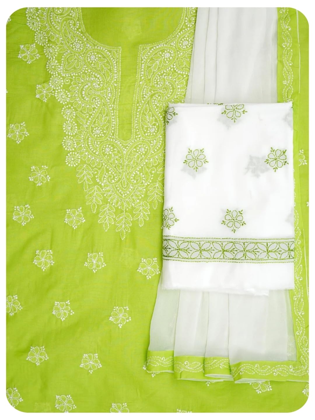 Ada Hand Embroidered Lucknowi Chikankari Unstitched Cotton Dress Material Suit Piece with Dupatta for Women A211365 Green
