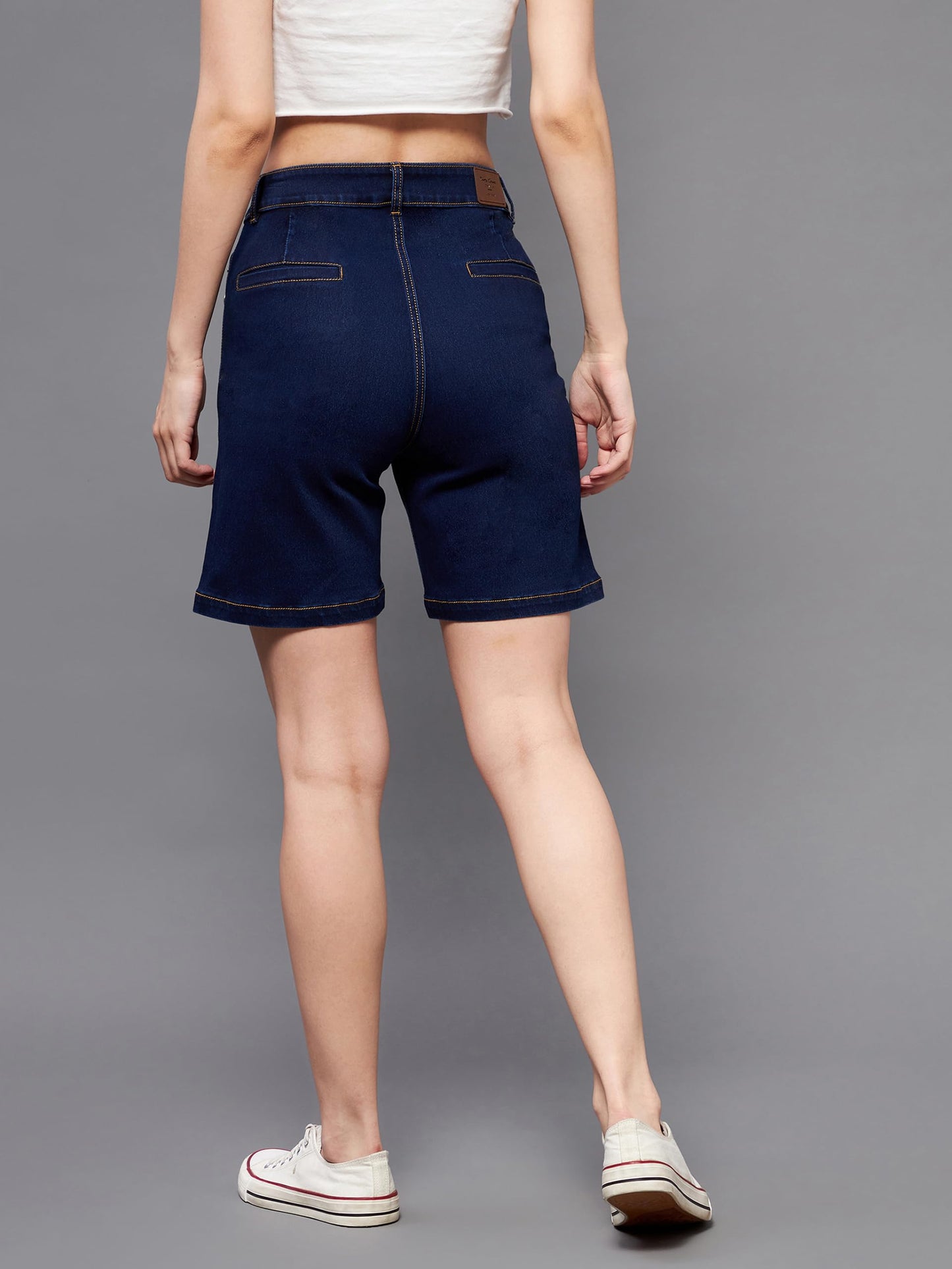 Miss Chase Women's Regular Length High Rise Clean Look Above Knee Stretchable Denim Shorts (MCSS22DEN09-06-71-26, Navy Blue, 26)