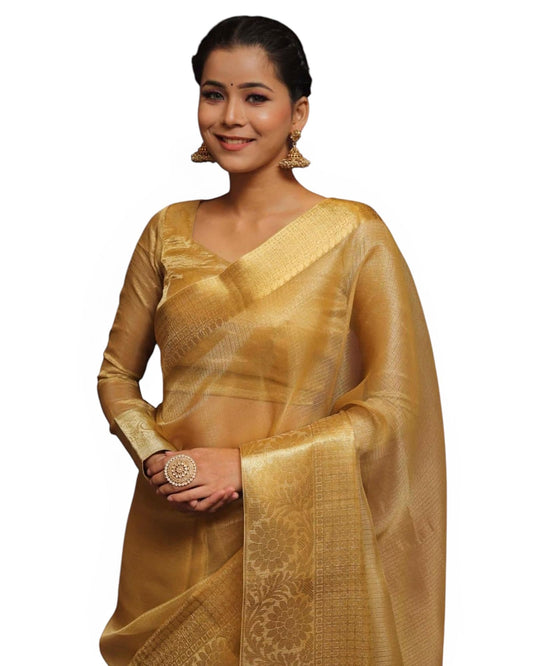 Women's Glory Womens Kanjivaram Banarasi Silk Saree Blend Woven Zari with Jacquard Woven Unstitched Blouse Piece. (Gold Tissue Plain)