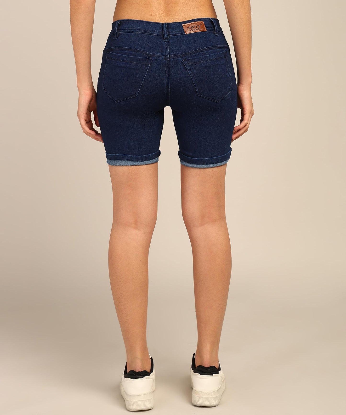 Nifty Women's Denim Stretchable Slim Fit Shorts (Short_PLN_BSC_36_Basic_36)