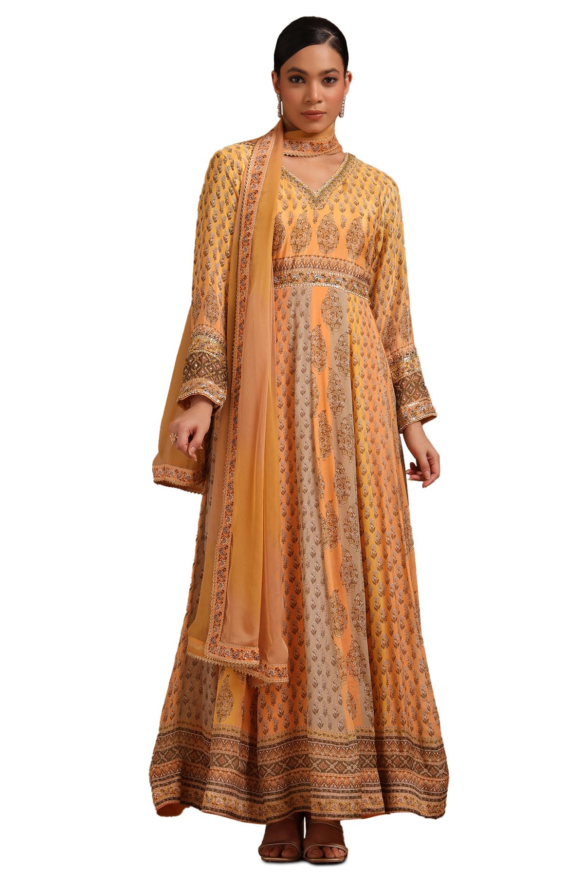 Soch Womens Mustard Viscose Botanical Print Gown with Sequins