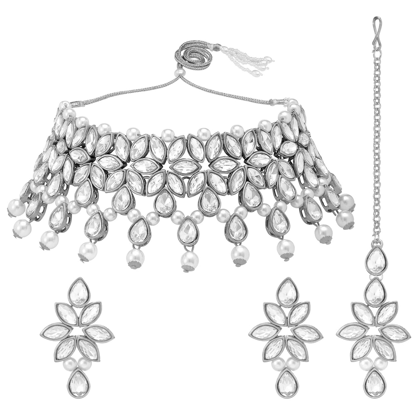 Peora Silver Plated Crystal & Beads Studded Necklace Earrings Maangtikka Set Ethnic Jewellery for Women