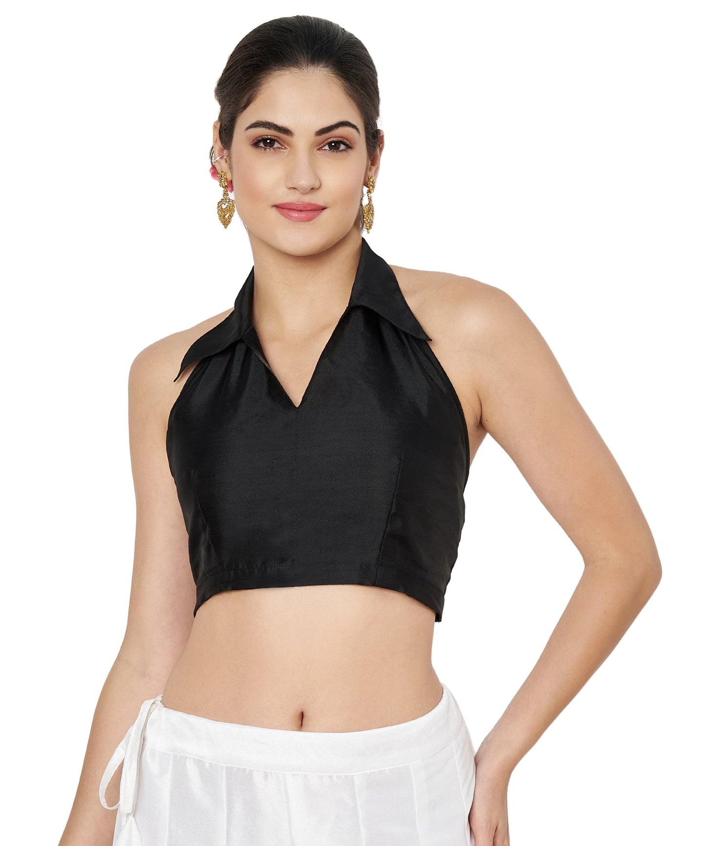 studio rasa Women's Plus Size Silk Blend Stretchable Halter Blouse for Wedding Festive Party (TPWC524BL75-4XL_Black_4XL)