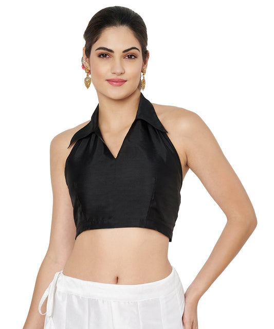 studio rasa Women's Plus Size Silk Blend Stretchable Halter Blouse for Wedding Festive Party (TPWC524BL75-4XL_Black_4XL)