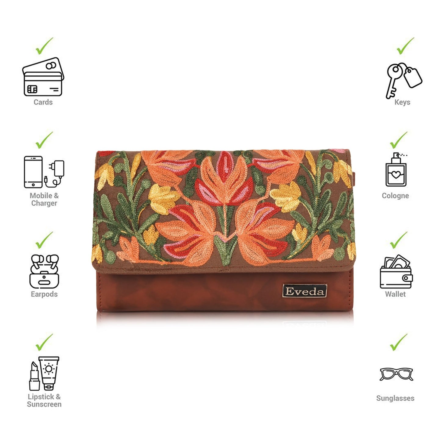 VELUCIA Womens Embroidered Floral Clutch Purse, Gold Design, Ladies Wallet (Tan)