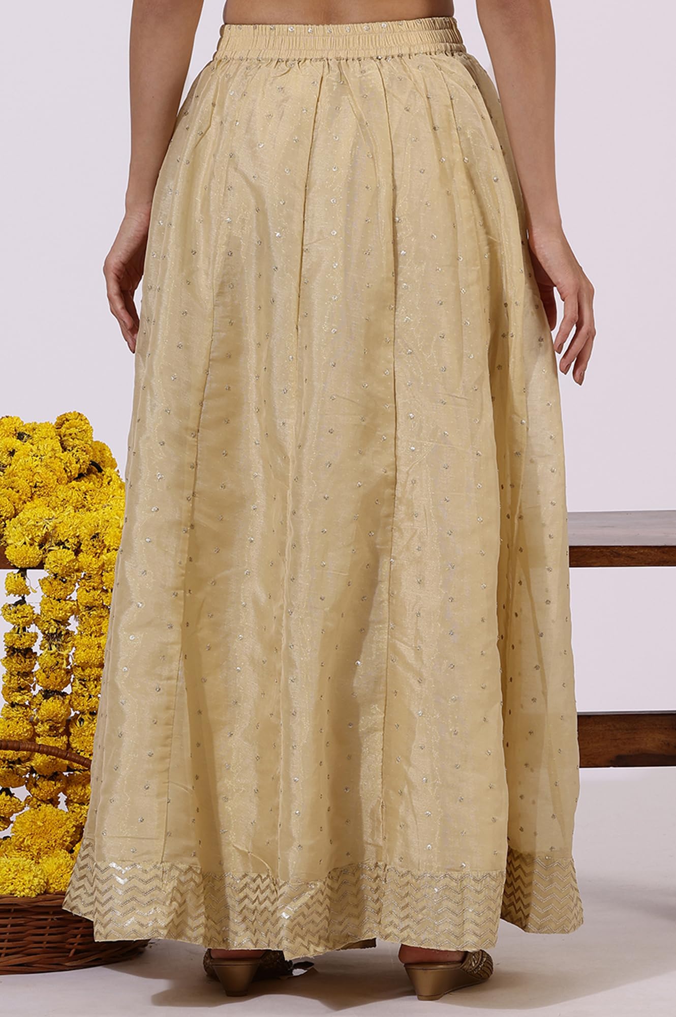 W for Woman Gold Solid Sequins Flared Woven Skirt (W50501-400770-S)