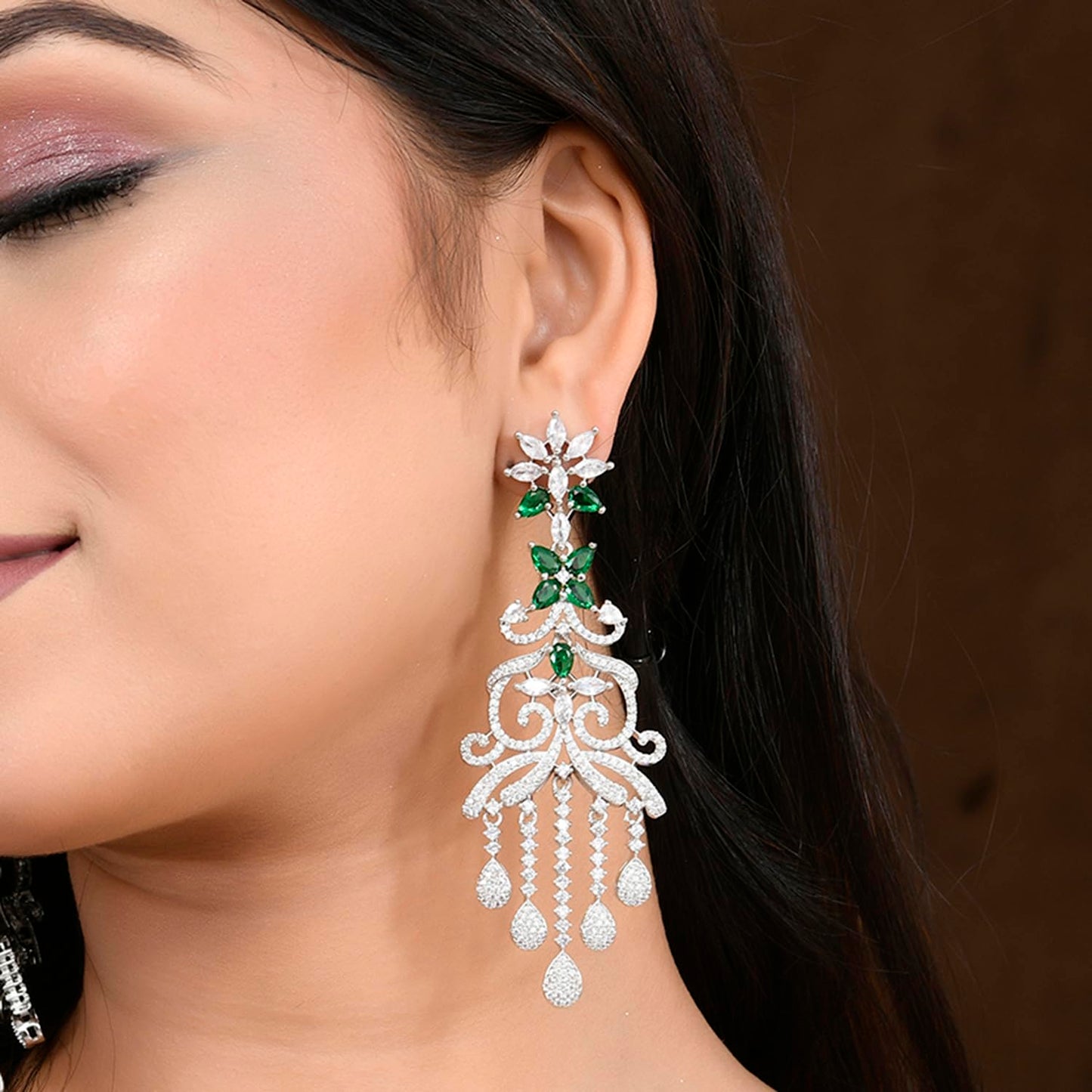 Voylla Sparkling Elegance Dazzling American Diamond Teardrop Dangler Earrings|Dangler Earrings For Women|American Diamond Earrings For Women|Long Earrings For Women|Gift For Her|Gift For Sister|