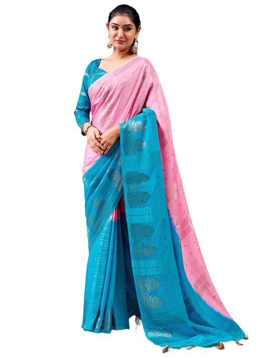 SIRIL Women's Chinnon Chiffon Tassels Jacquard Saree with Unstitched Blouse Piece (5302S1287_Light Pink)