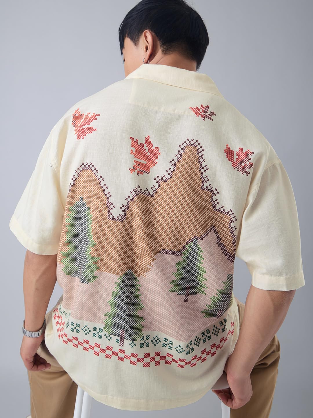 The Souled Store: Autumn Men and Boys Short Sleeve Cuban Collar Off White Printed Casual Drop Shoulder Streetwear Cotton Oversized Shirts