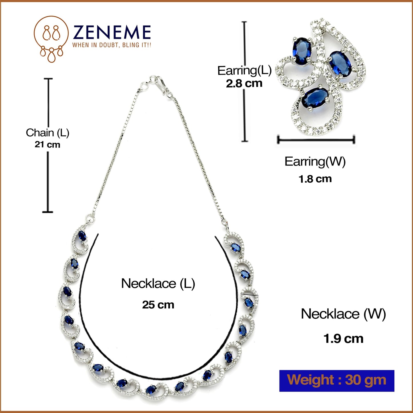 ZENEME Rhodium-Plated with Silver-Toned Blue and White Cubic Zirconia & American Diamond studded Necklace and Drop Earrings Jewellery Set (Blue) For Women