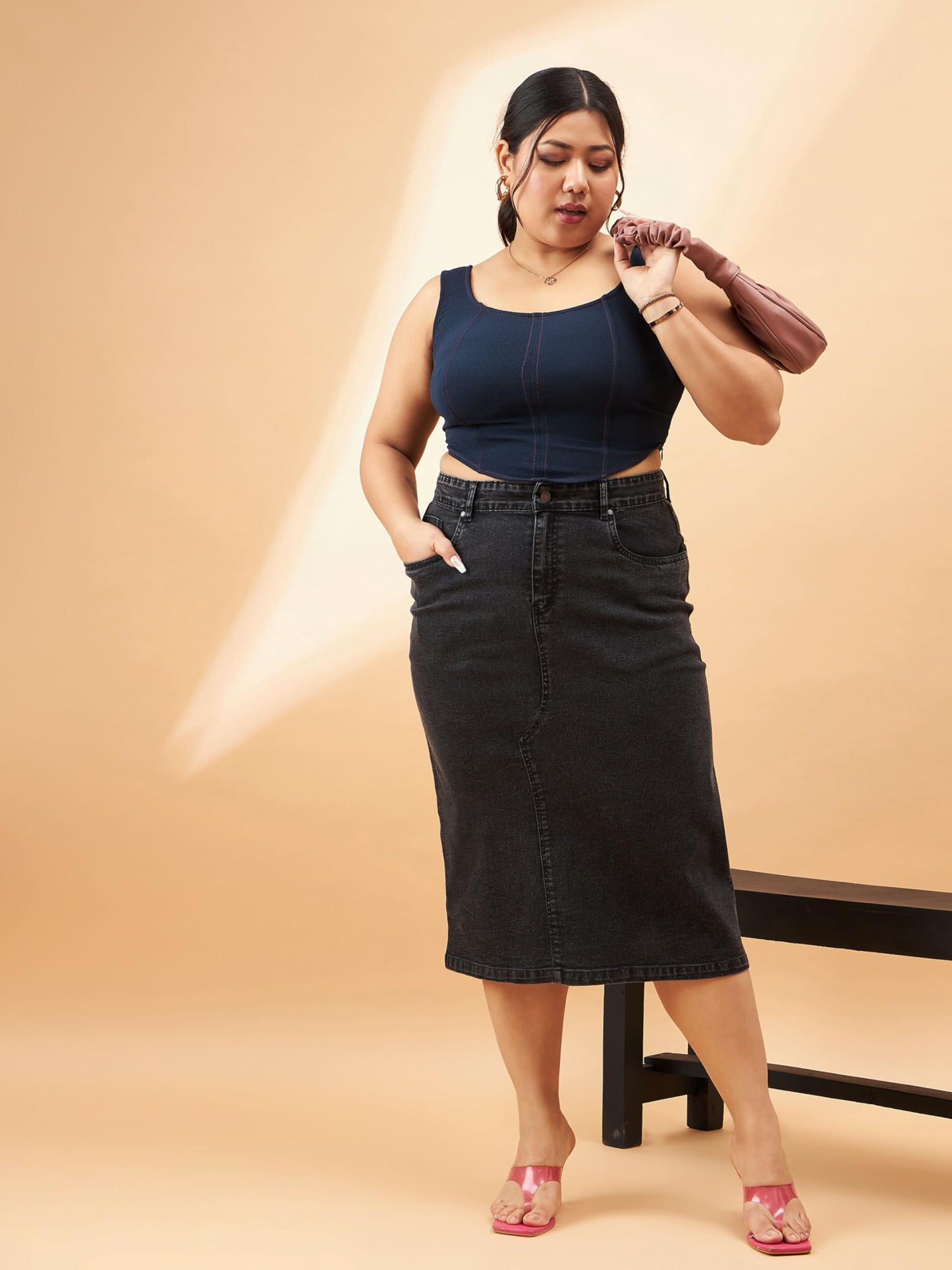 SASSAFRAS Curve Black Denim Acid Wash A-Line Skirt