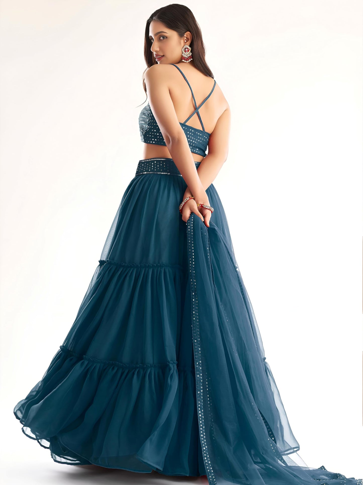 Zeel Clothing Womens Georgette Lehenga Choli Semi-Stitched Blue Wedding Bridal Free Size