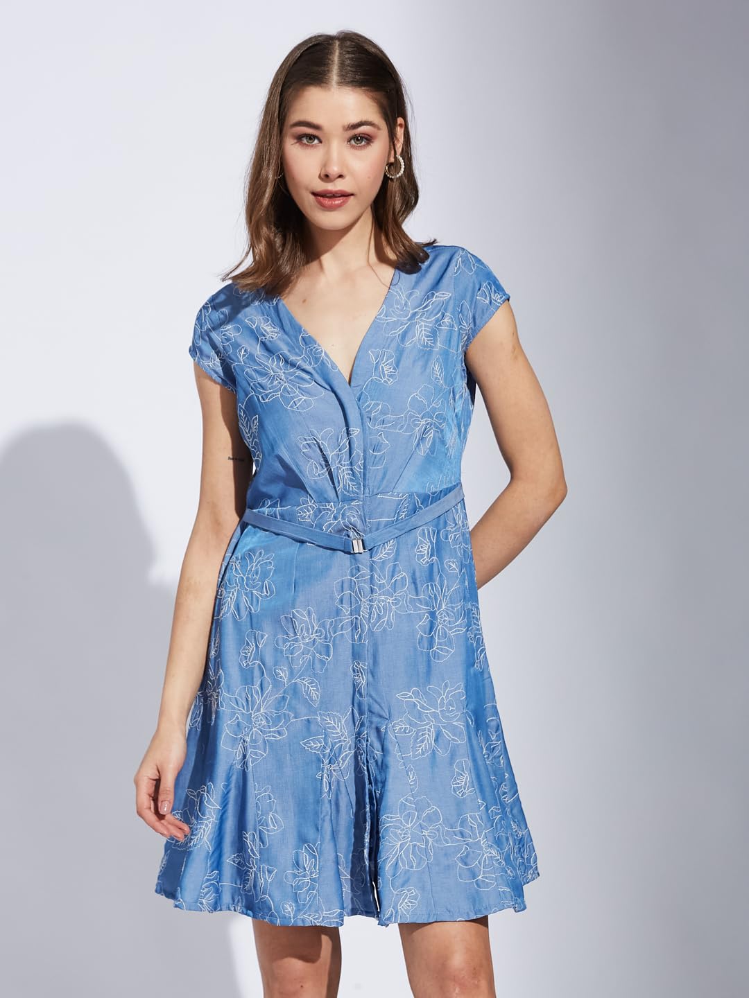 Latin Quarters Women Blue V-Neck Cap Sleeve Printed A-Line Dress