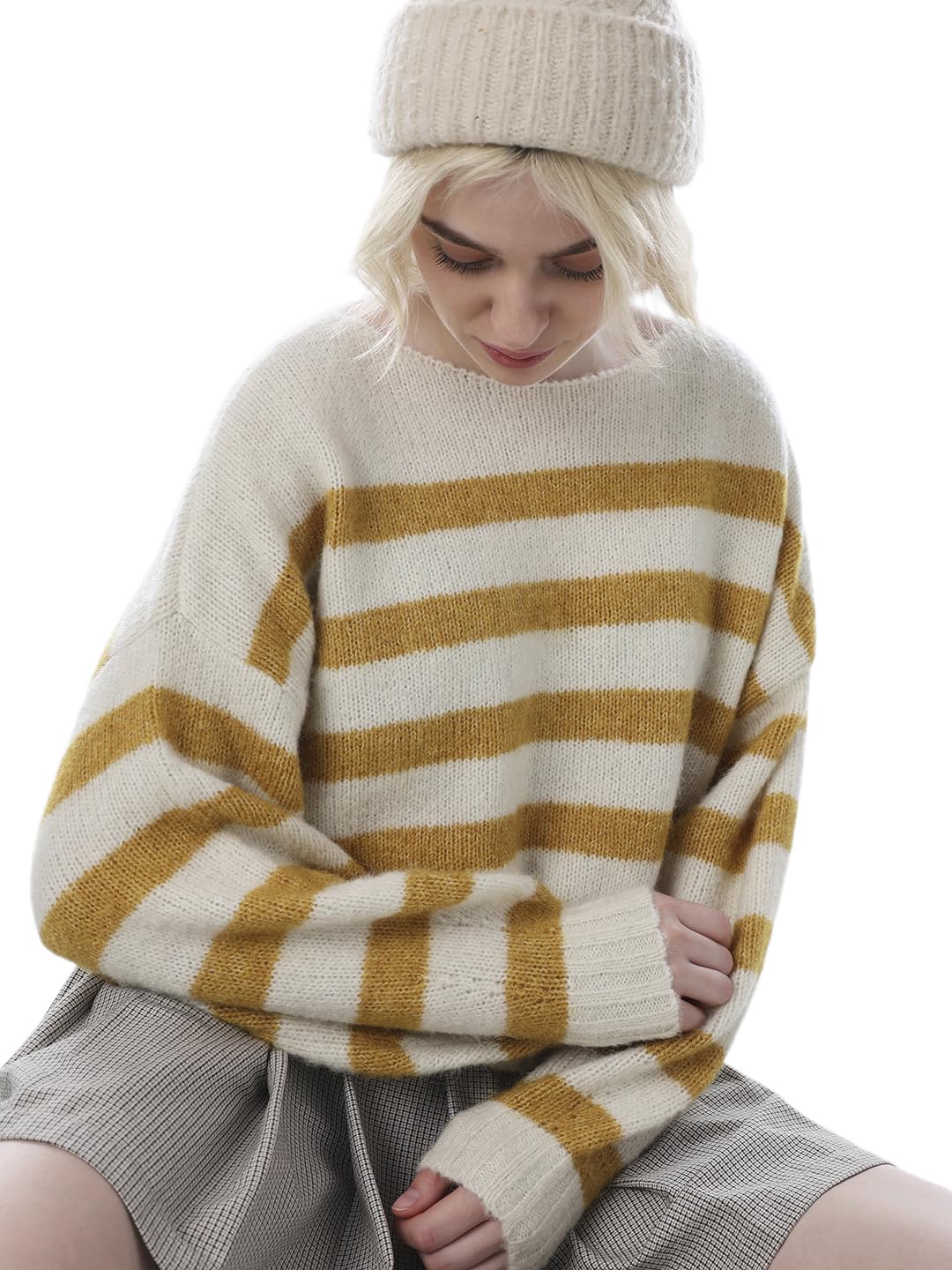 ONLY Women Striped Boat Neck Pullover with Fuzzy Detail