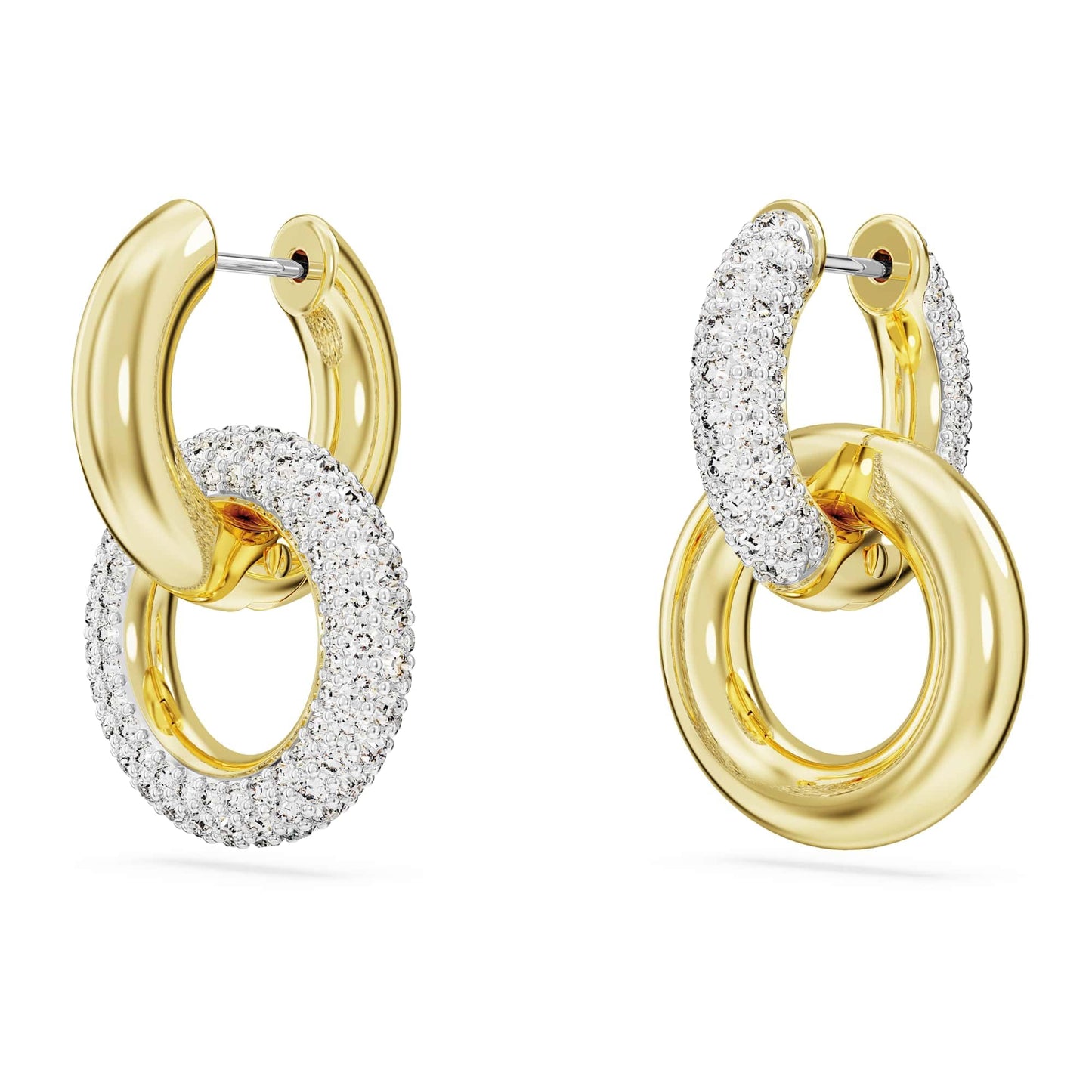 Swarovski Dextera hoop earrings, Asymmetrical design, Interlocking loop, White, Gold-tone plated