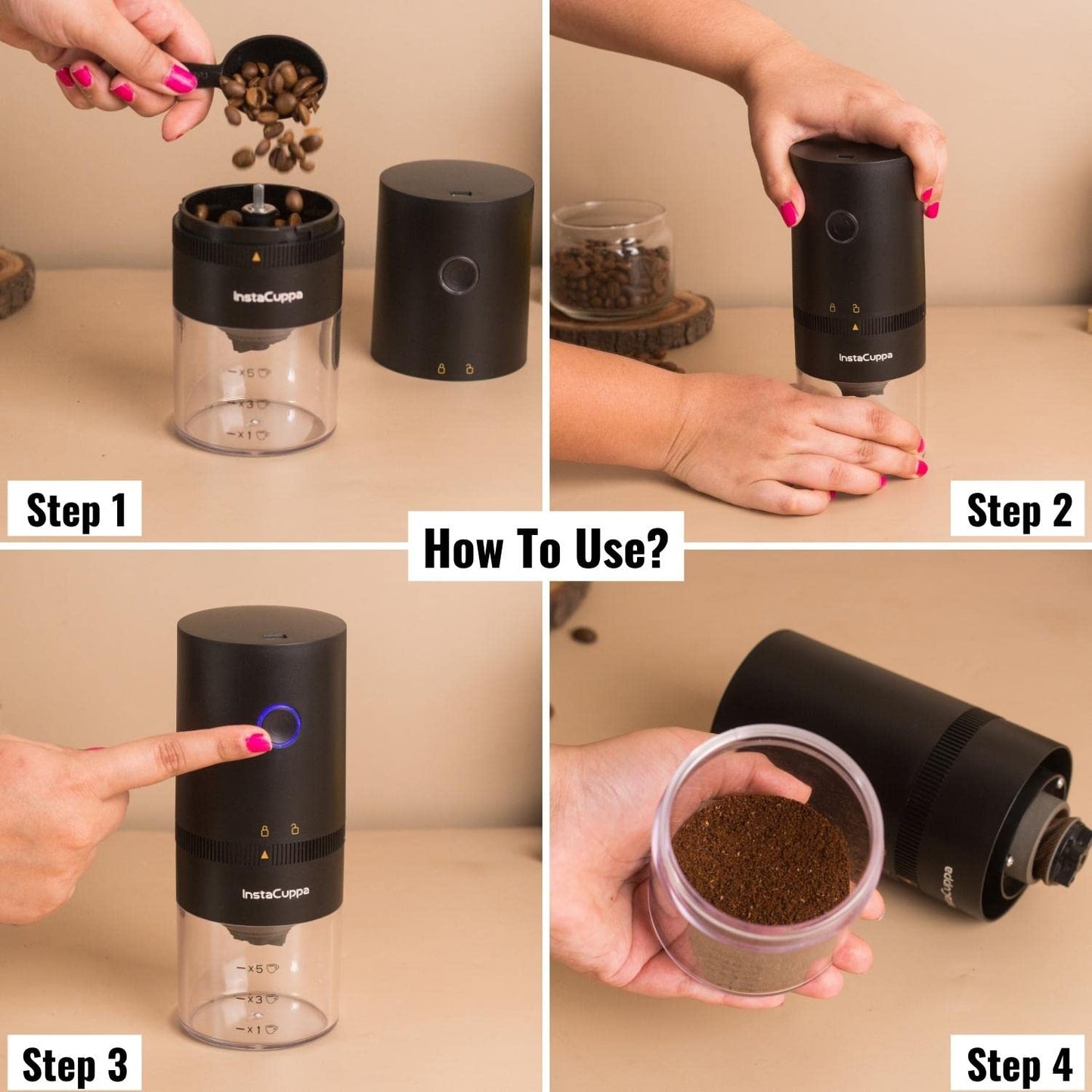 InstaCuppa USB Rechargeable Coffee Grinder for Busy Moms | 5 Adjustable Grind Settings | Ceramic Burr | 1250 mAh Battery | 25g Bean Capacity | Transparent Canister | Travel-Friendly & Easy to Clean
