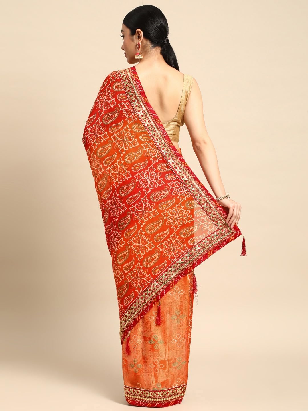 Pandadi Saree Silk Women's Orange Bandhani Saree With Delicate Lace Border&Unstitched Blouse Piece