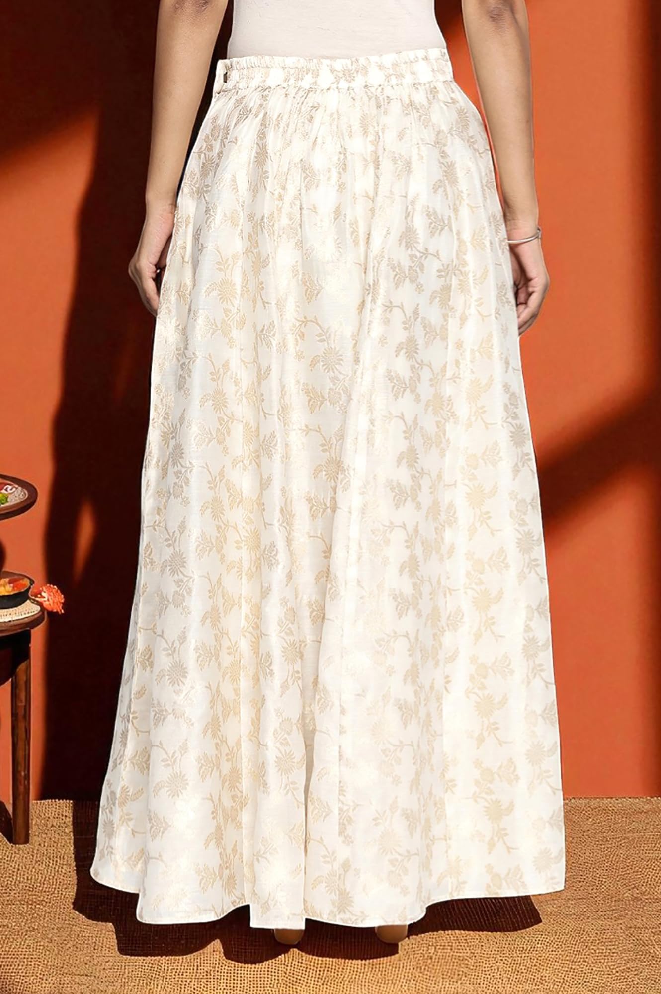 W for Woman Cream Yarn Dyed Printed Jacquard BD Skirt (Size: L)-W50510-314343