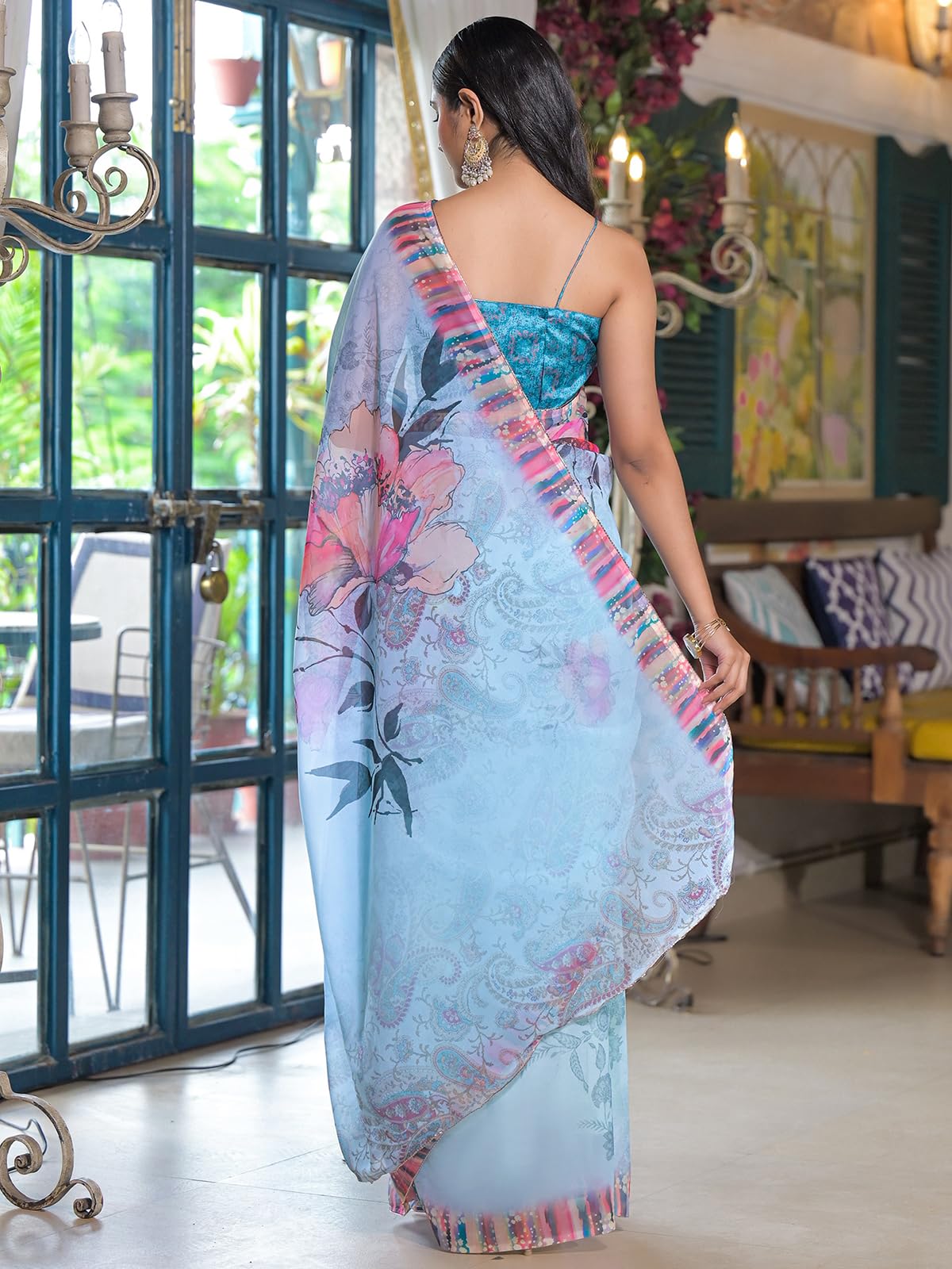 Satrani Women's Georgette Hand Work Floral Printed Saree with Unstitched Blouse Piece (4785S126N_Sky Blue)