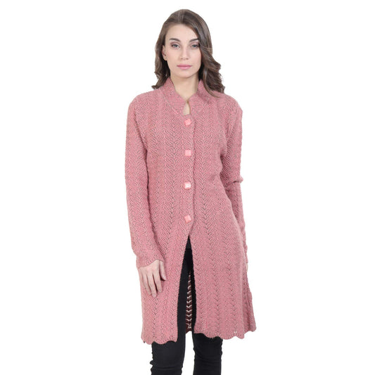 HAUTEMODA Womens Woollen Round Neck Embroidered Cardigan With Pockets (Pink_XXL)
