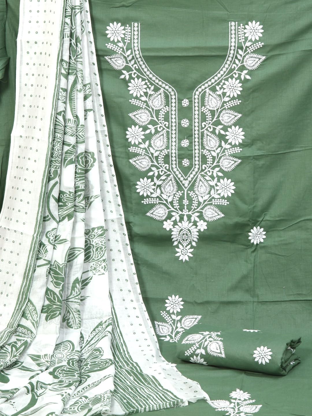 S SALWAR STUDIO Cotton Embroidered Green Unstitched Dress Material