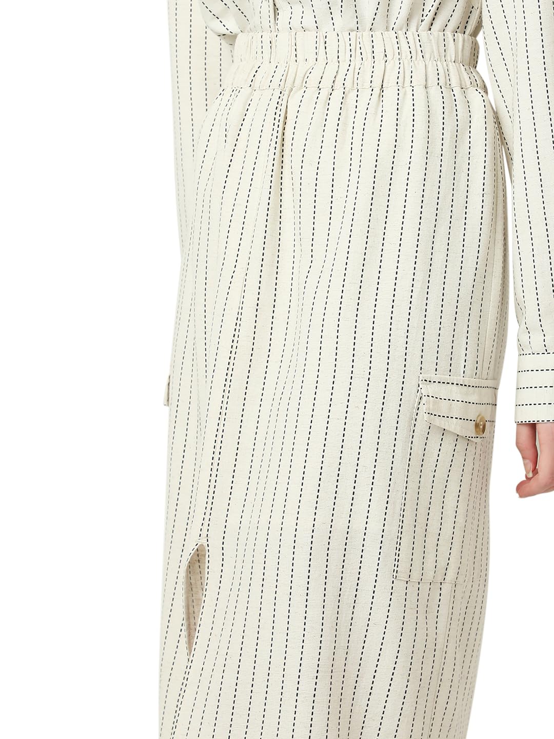 VERO MODA Women Striped Beige Cotton Straight Fit Midi Length High Rise Skirt