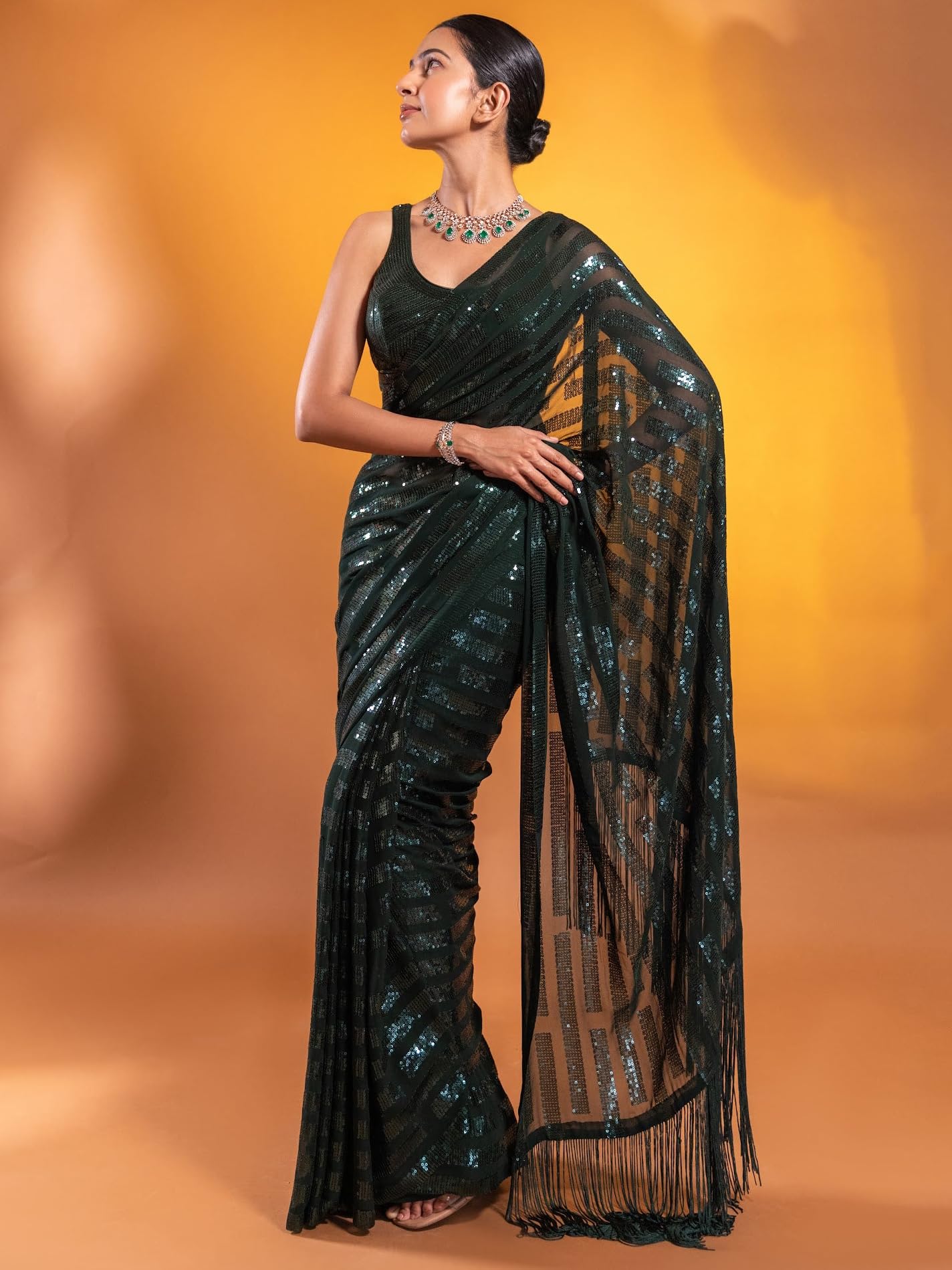 Zeel Clothing Women's Green Sequins Work Heavy Georgette Saree with Blouse (1023-Green-Sequins-Designer-Saree-Latest, Green)