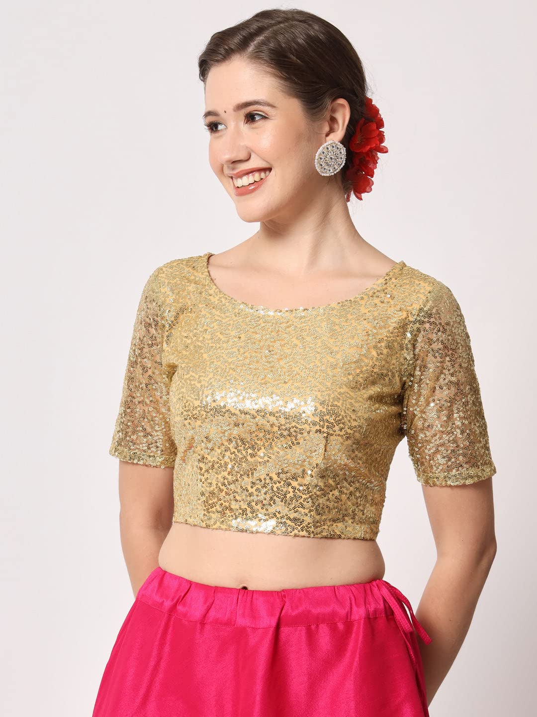 studio rasa Polyester Women's Net Sequin Embroidered Sheer Sleeves Blouse for Wedding Festive Party (Tpwc12302S_Bl_Gold_Small)