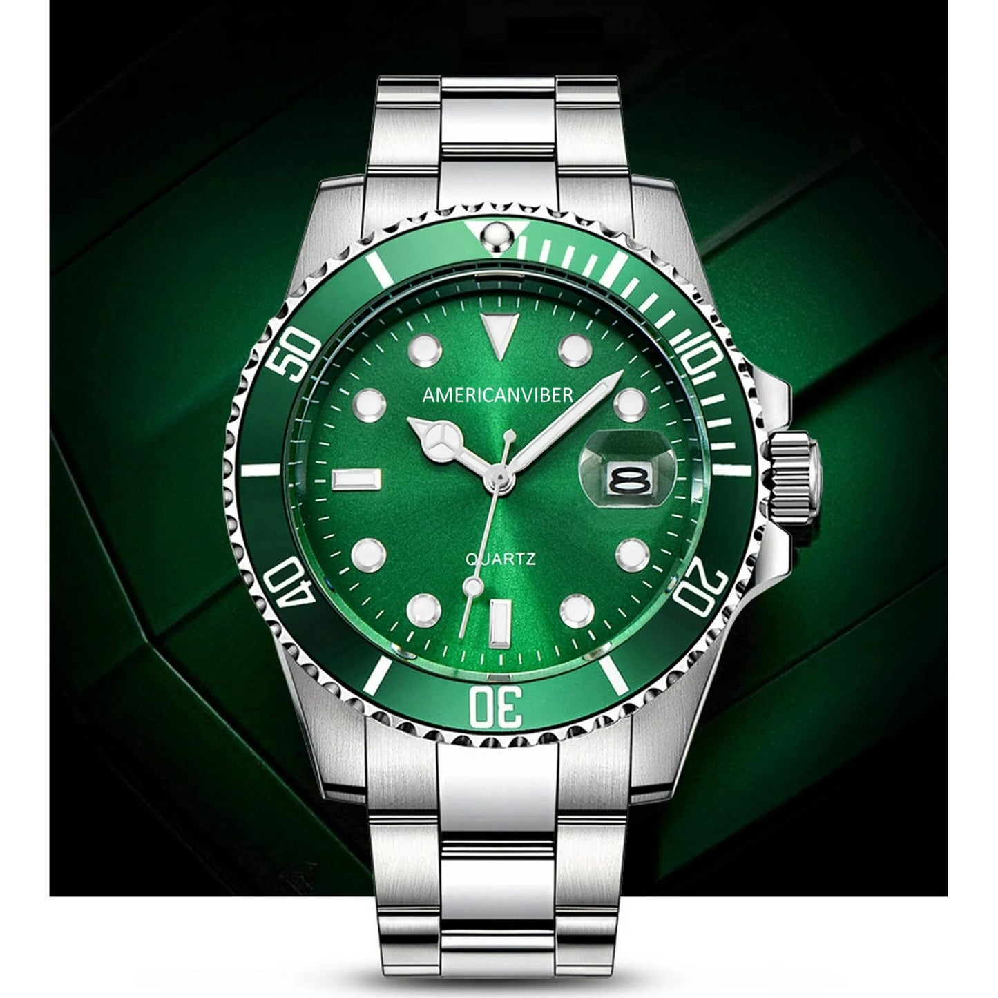 AMERICANVIBER Luxury Diver Watch with Green Dial, Stainless Steel Band, Date Display, Quartz Movement (Green)