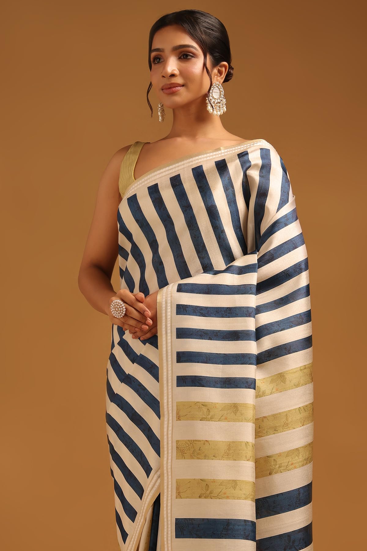Soch Womens Cream Tussar Striped Saree
