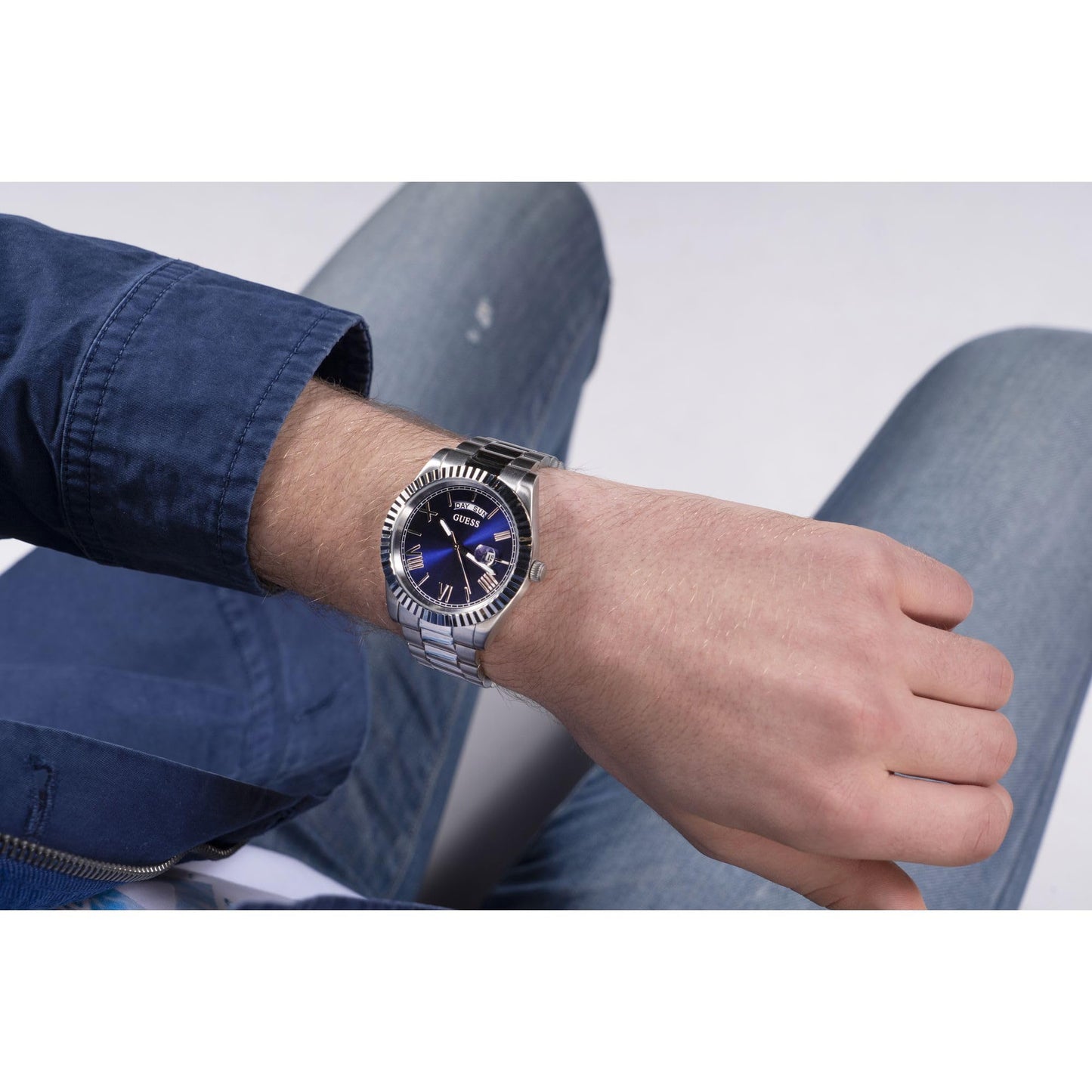 GUESS Stainless Steel Analog Blue Dial Men Watch-Gw0265G7, Silver Band