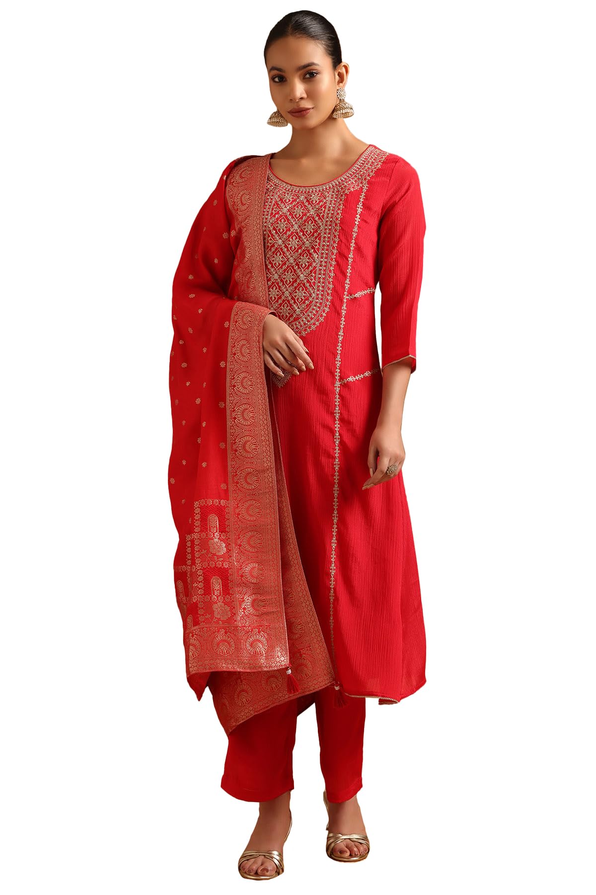 Soch Womens Red Viscose Blend Ethnic Motifs Salwar Suit With Zari