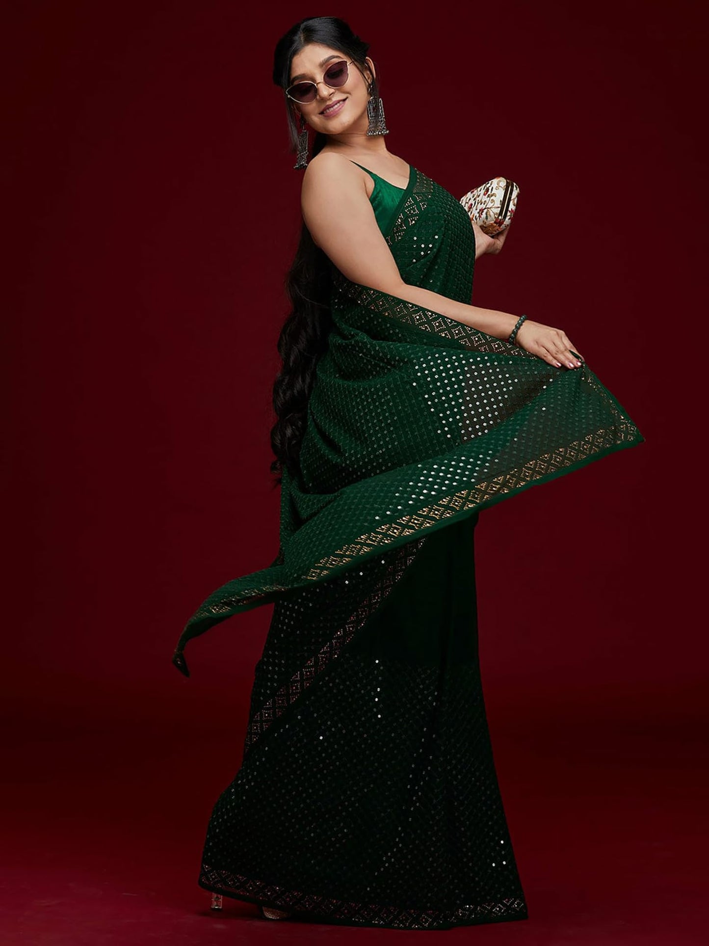 AKHIALM Women's Embellished Printed Sequins Georgette Saree With Unstitched Blouse Piece (Green_AAVYA501_HV)