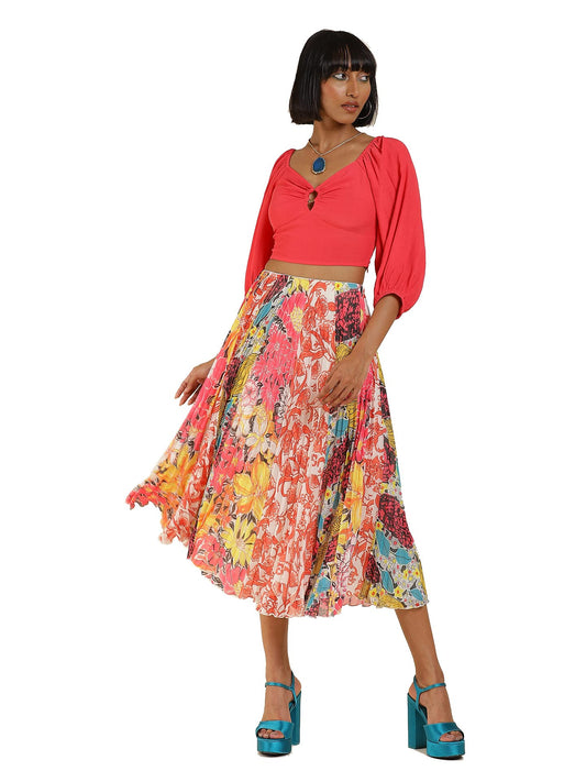 Label RITU KUMAR Multi Color Floral Print Pleated Skirt