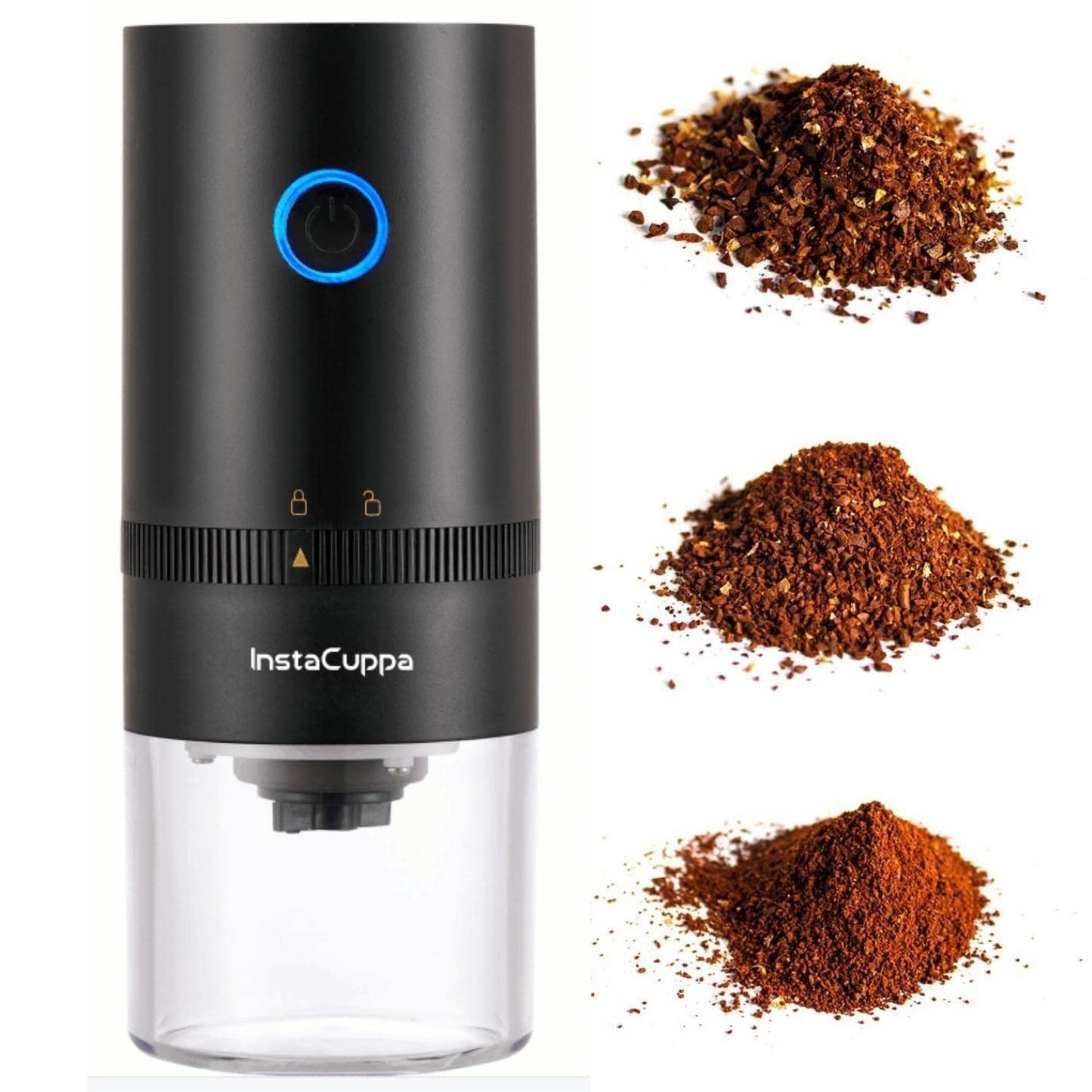 InstaCuppa USB Rechargeable Coffee Grinder for Busy Moms | 5 Adjustable Grind Settings | Ceramic Burr | 1250 mAh Battery | 25g Bean Capacity | Transparent Canister | Travel-Friendly & Easy to Clean