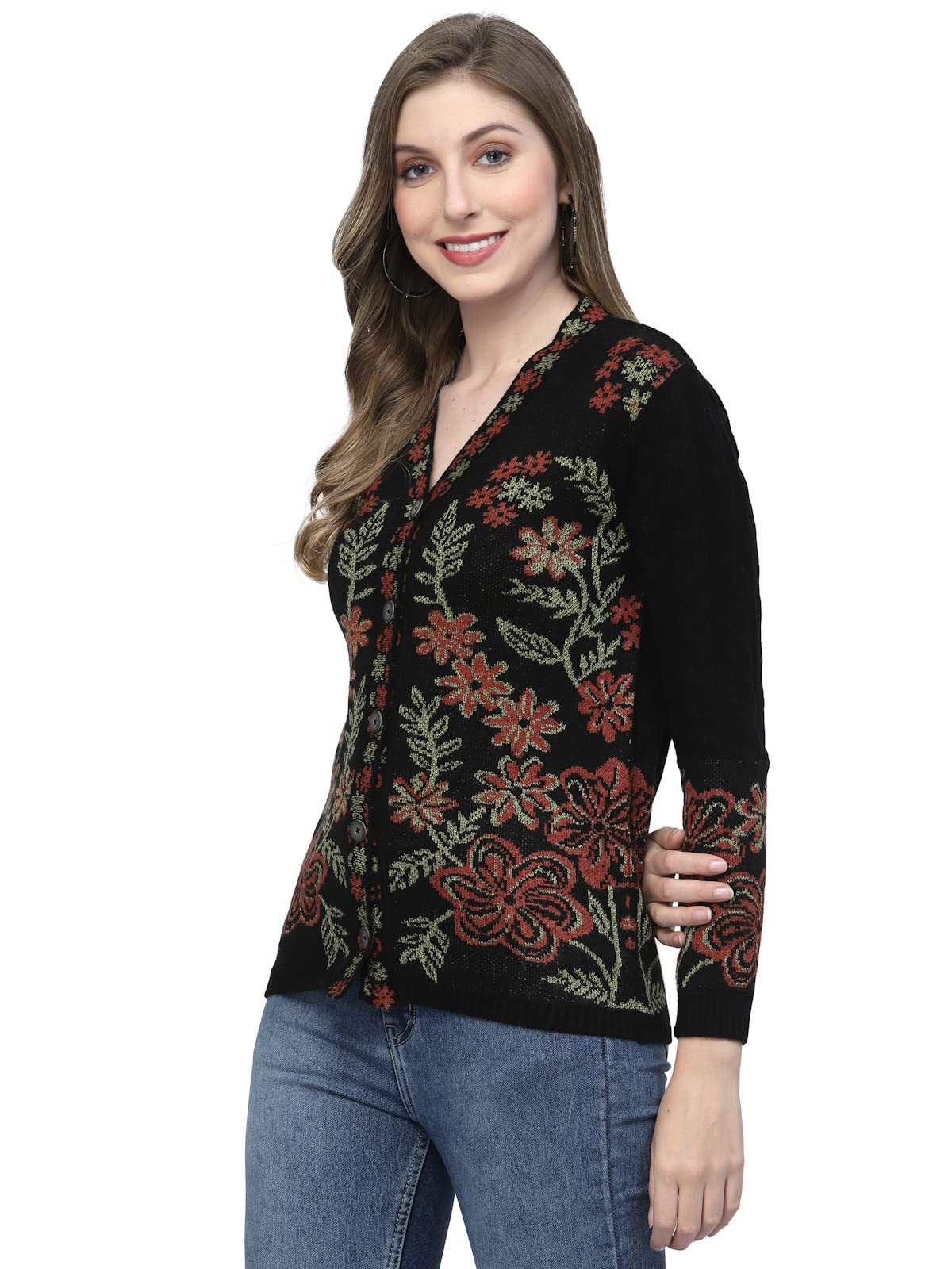 Kalt Women Sweater for Winter Woolen Acrylic Full Sleeves V-Neck Floral Design Cardigan Sweater for Women Winter Woollen Stylish(Black;5XL)